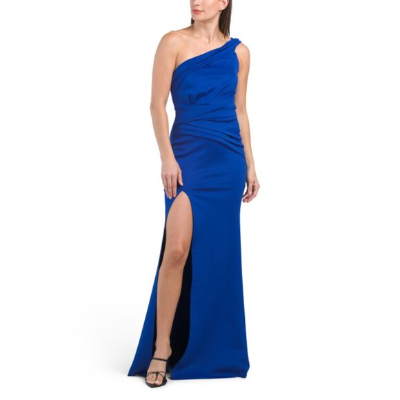 DALIA MACPHEE Royal One Shoulder Pleated Waist Gown With Front Slit
